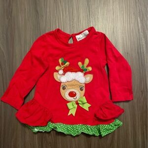 Rare Editions Toddler Girls Red Reindeer ruffle polka dot whimsical top size 2T